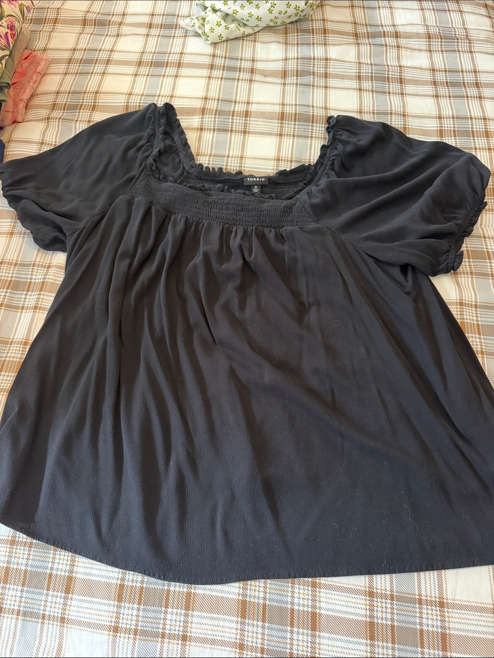 torrid Black Smocked Scoop Neck Short Puff Sleeve Top